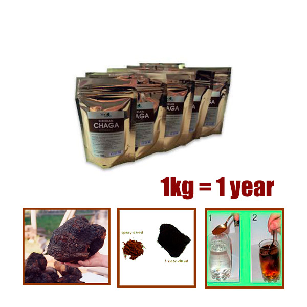 Freeze-dried Siberian Chaga extract—stand-up pouches with text ‘1 kg = 1 year’; panels show wild chaga, spray-vs freeze-dried, and simple sprinkle-and-stir preparation